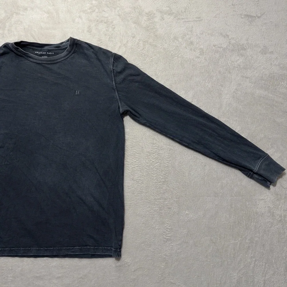 American Eagle Men's Long Sleeve Casual Tee Shirt Acid Wash Grey Logo XS Grunge
